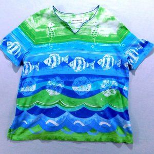 Alfred Dunner Ocean Graphics Summer Beach Style Women's Top